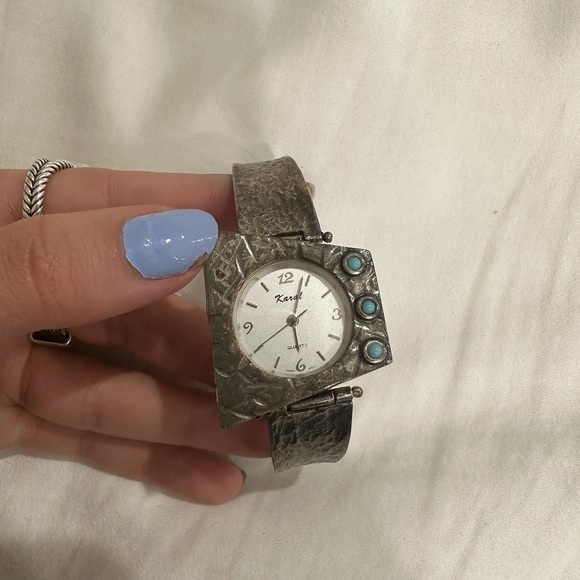Vintage silver metal watch turquoise stones main image 6
